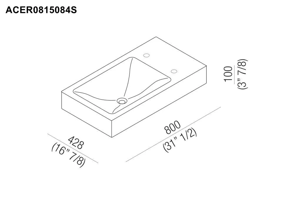 Agape 815 rechteckiges Wandbecken aus Cristalplant®, Breite: 80cm, Tiefe: 42,8cm, Höhe: 10cm, Becken links, mit 1 Hahnloch mittig, weiß matt - ACER0815084SCZ