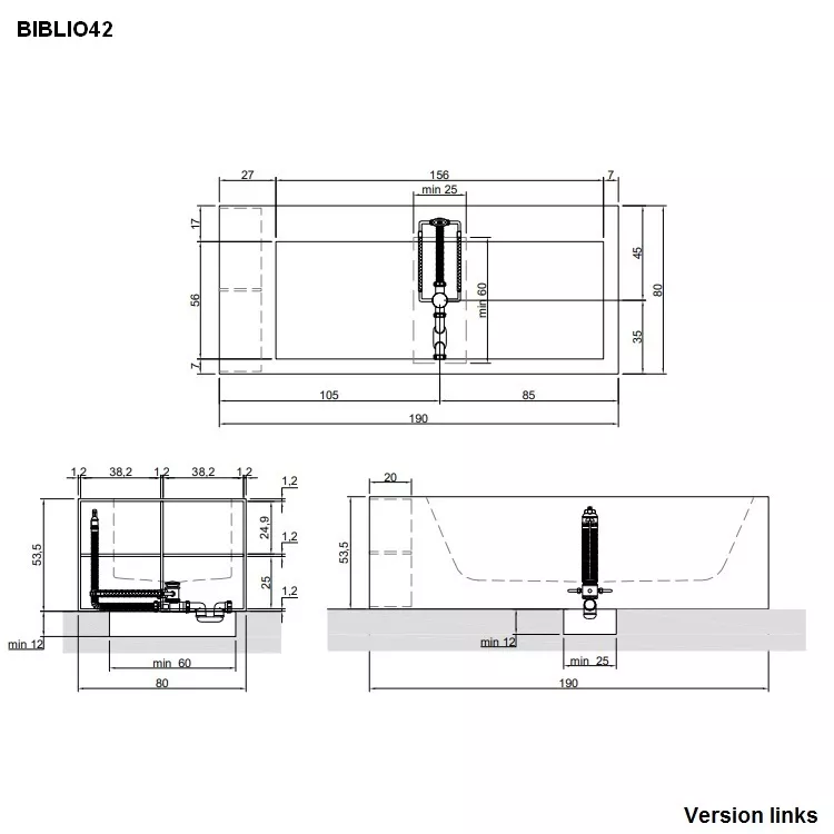 antoniolupi BIBLIO Badewanne mit Armaturenrand hinten und seitlichen Ablagefächern, 190x80x53,5cm, 2 Seiten verkleidet, Version links, weiß matt, Ablaufgarnitur weiß matt-BIBLIO422L_SX