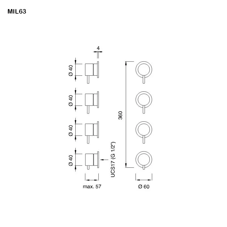 cea MIL 63 Wand-Thermostat mit 3 Absperrventilen, edelstahl satiniert-MIL63S