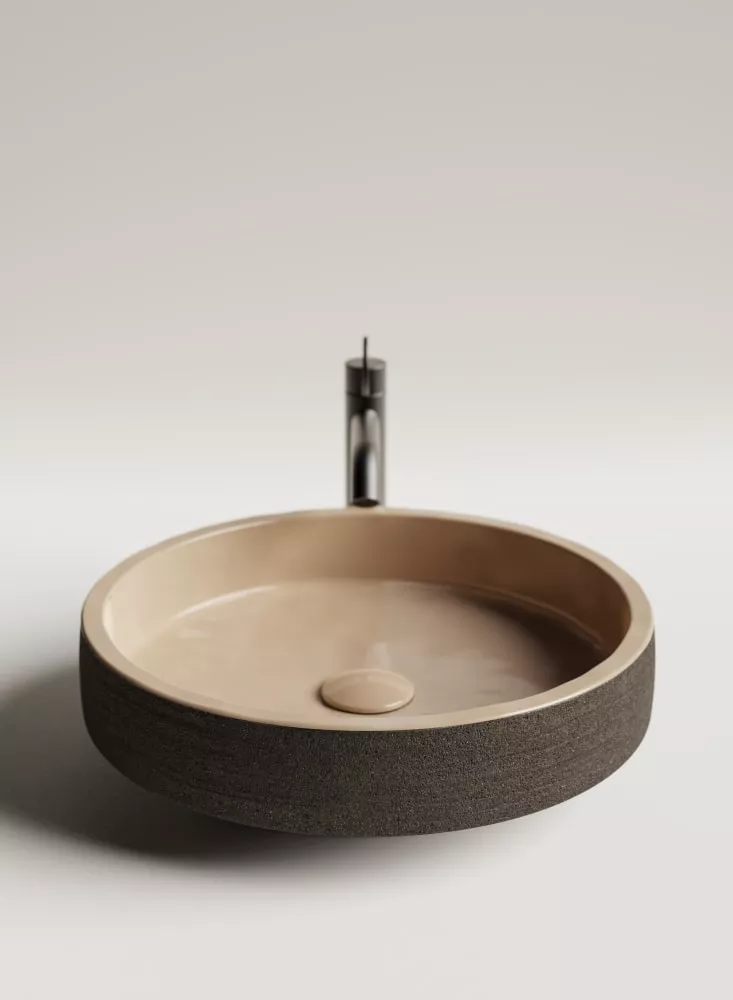 Agape CENOTE flaches Aufsatzbecken aus Ton, Durchmesser: 45cm, inklusive Ablaufgarnitur, dunkler Ton, weitere Farben auf Anfrage möglich - ACER0450TSST