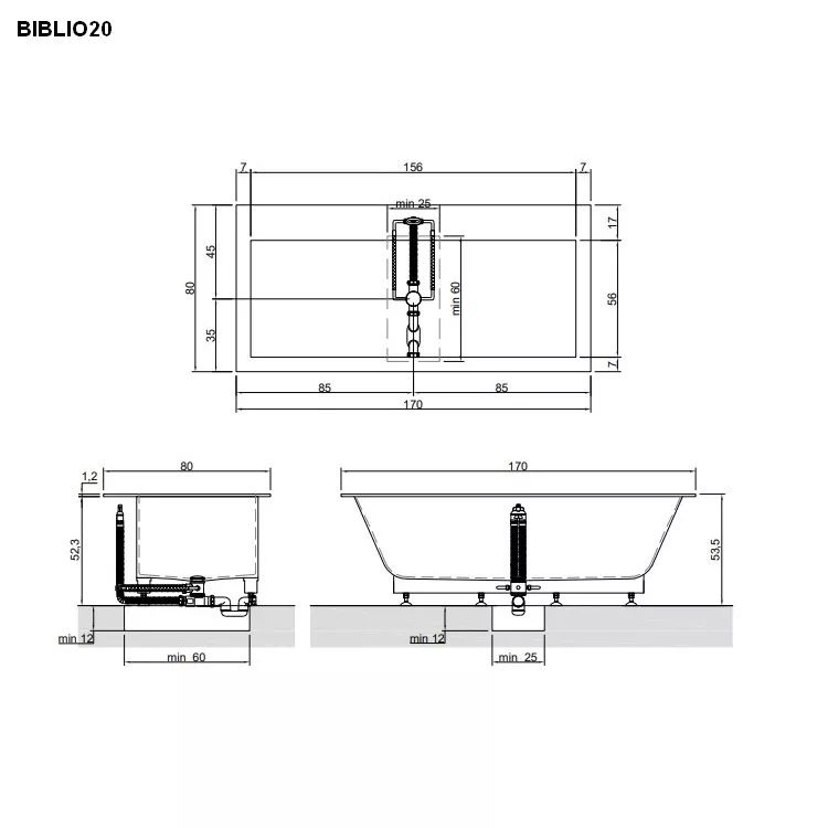 antoniolupi BIBLIO Einbauwanne mit Armaturenrand hinten, 170x80x53,5cm, weiß matt, Ablaufgarnitur chrom-BIBLIO20LU