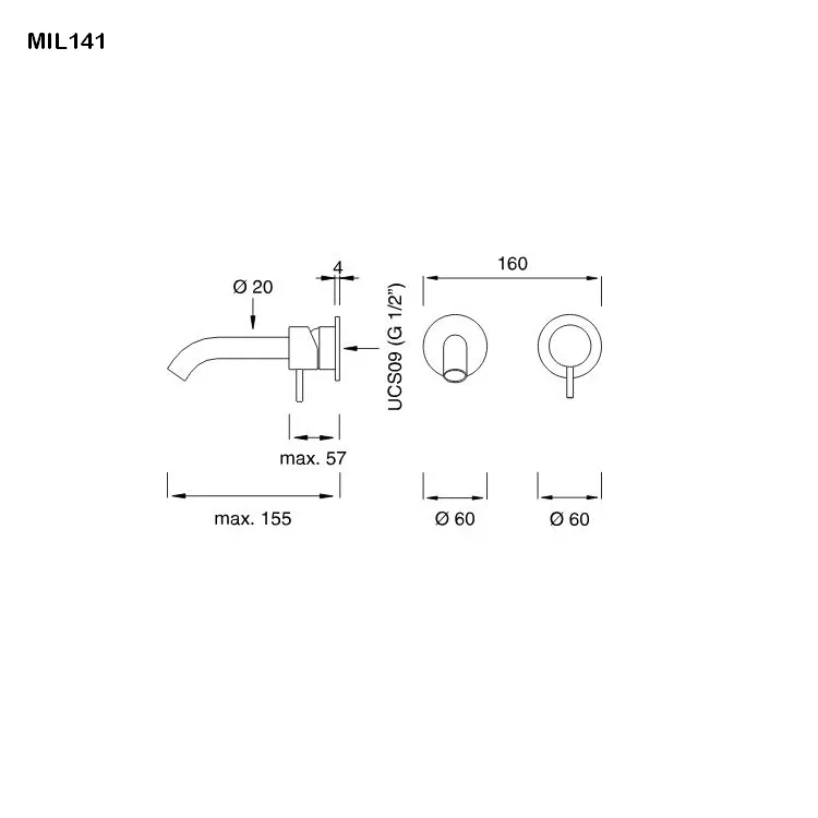 cea MIL 141 Wand-Waschtisch-Eingriffmischer, Ausladung:155mm, edelstahl satiniert-MIL141S