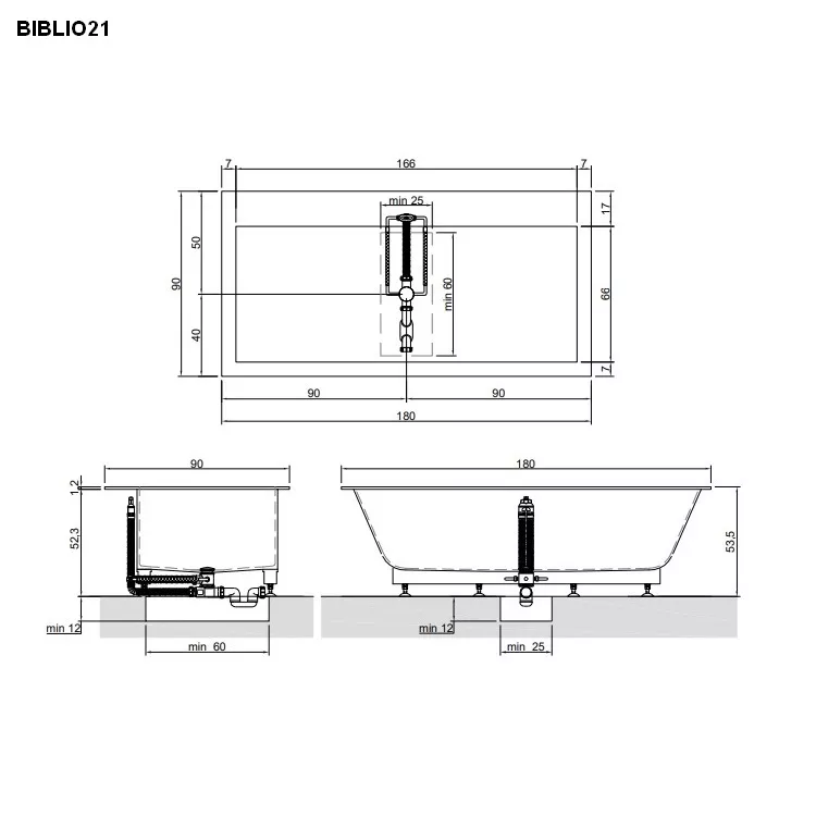 antoniolupi BIBLIO Einbauwanne mit Armaturenrand hinten, 180x90x53,5cm, weiß matt, Ablaufgarnitur edelstahl satiniert-BIBLIO21SA