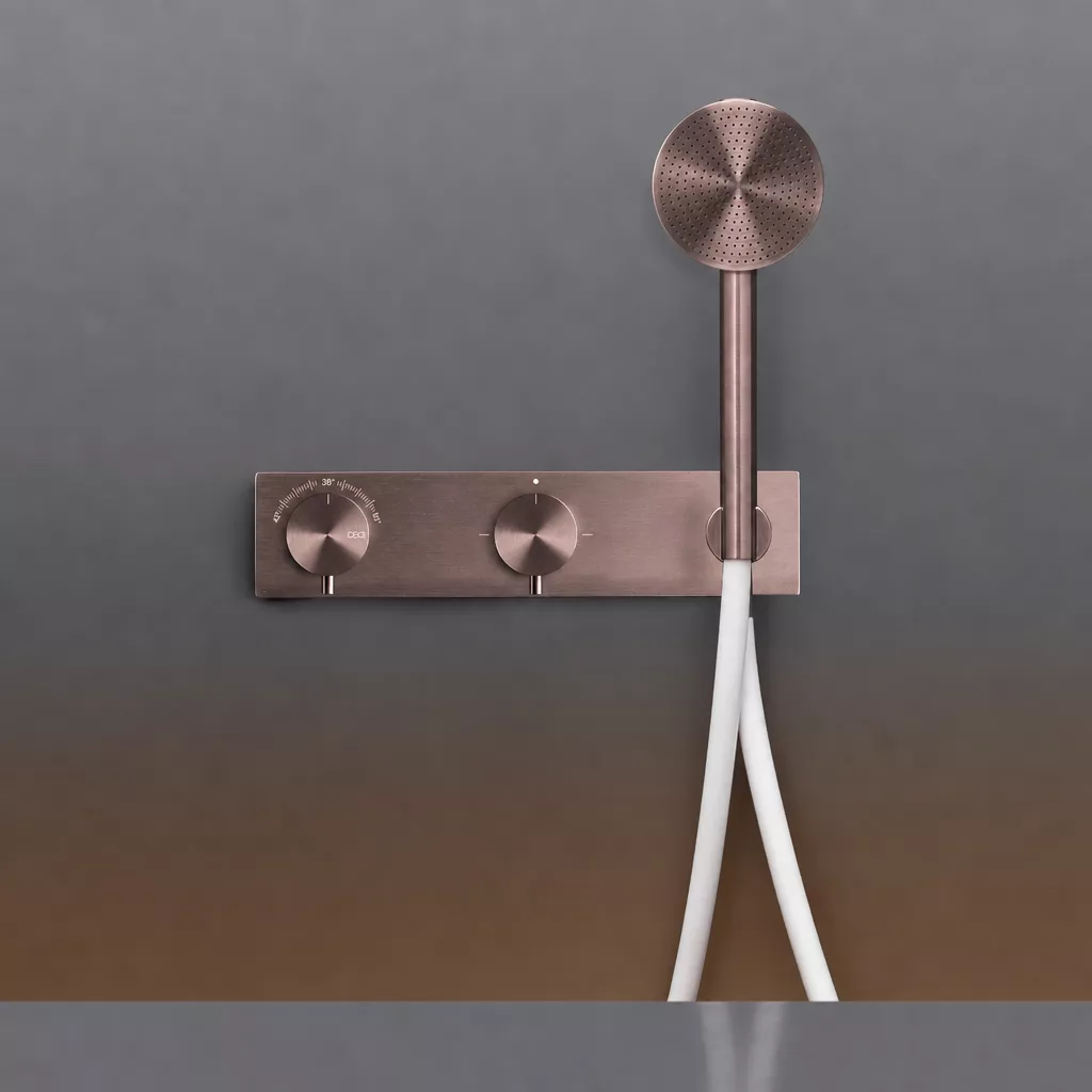 cea MIL 25H Wand-Brause-Thermostat mit 2-Wege-Umstellung und Rundkopf-Handbrause, Durchmesser: 80mm, Schlauchfarbe weiß nach RAL 9016, bronze satiniert - MIL25HWZS cea MIL 25H Wand-Brause-Thermostat mit 2-Wege-Umstellung und Rundkopf-Handbrause, Durchmesser: 80mm, Schlauchfarbe weiß nach RAL 9016, bronze satiniert - MIL25HWZS
