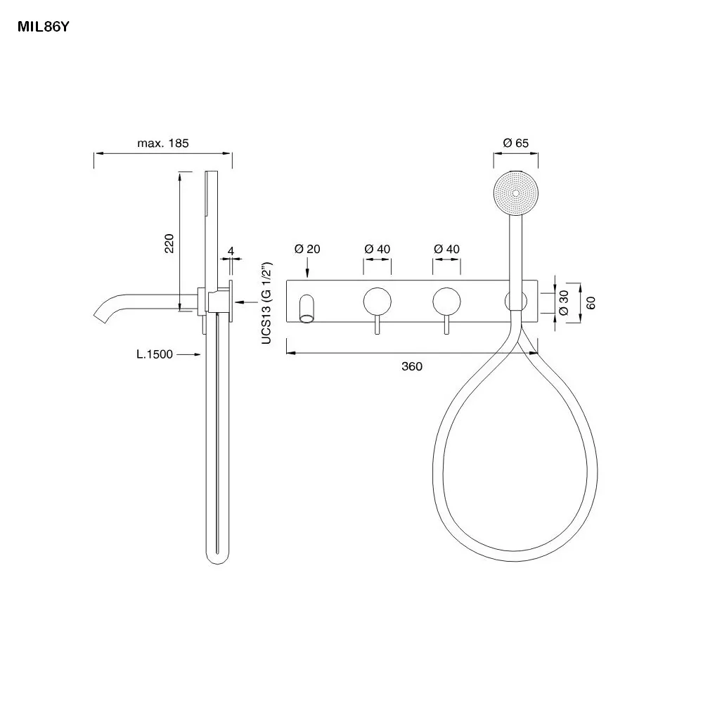 cea MIL 86Y Wand-Wannen-Doppel-Eingriffmischer, Ausladung: 185mm, mit Rundkopf-Handbrause, Durchmesser: 65mm, Schlauchfarbe schwarz nach RAL 9004, kupfer satiniert - MIL86YBKPS cea MIL 86Y Wand-Wannen-Doppel-Eingriffmischer, Ausladung: 185mm, mit Rundkopf-Handbrause, Durchmesser: 65mm, Schlauchfarbe schwarz nach RAL 9004, kupfer satiniert - MIL86YBKPS