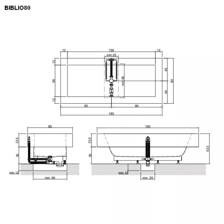 antoniolupi BIBLIO Einbauwanne mit hohem Rand, 180x80x53,5cm, weiß matt, Ablaufgarnitur weiß matt-BIBLIO80