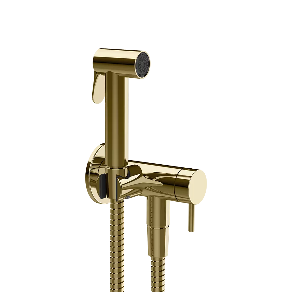 Gessi ANELLO Hygiene-Shut-Off-Handbrause zur Wandmontage, 1-Strahl, mit Einhebelmischer, Brausehalter inklusive Kaltwasserabsperrung und Wandanschlussbogen, 1/2 Anschluss, messing PVD - 45227710