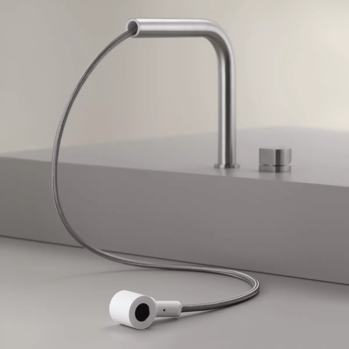 ceadesign NEUTRA Zweiloch-Mischer mit schwenkbarem und abnehmbarem Auslauf zur Unterfenster-Montage, herausziehbare Handbrause, Ausladung: 215mm, edelstahl satiniert-NEU54S