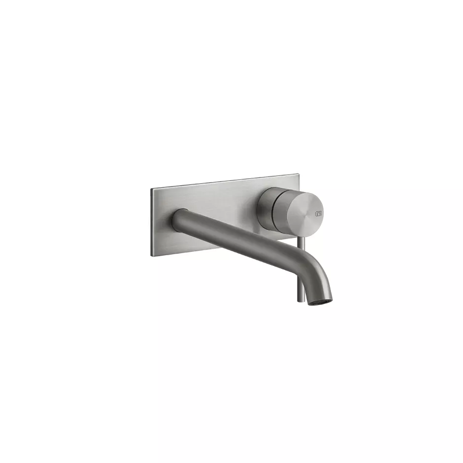 Gessi 316 FLESSA Fertigmontageset für Waschtisch-Einhebelmischer mit Auslauf zur Wandmontage, Ausladung: 171-200mm, durchgehende Platte 65x165mm, Griff-Stifte für Betätigung in 32mm und 61mm enthalten, edelstahl matt gebürstet - 54090239