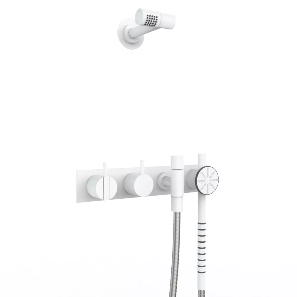 vola 2474S-081 Unterputz-Brause-Einhebelmischer mit 2-Wege-Umstellung mit Wand-Kopfbrause 080, Hebel:25mm, weiß matt-2474S-081-28 vola 2474S-081 Unterputz-Brause-Einhebelmischer mit 2-Wege-Umstellung mit Wand-Kopfbrause 080, Hebel:25mm, weiß matt-2474S-081-28