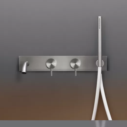 cea MIL 86 Wand-Wannen-Doppel-Eingriffmischer, Ausladung:185mm mit Stabhandbrause, edelstahl satiniert, Schlauch weiß-MIL86WS