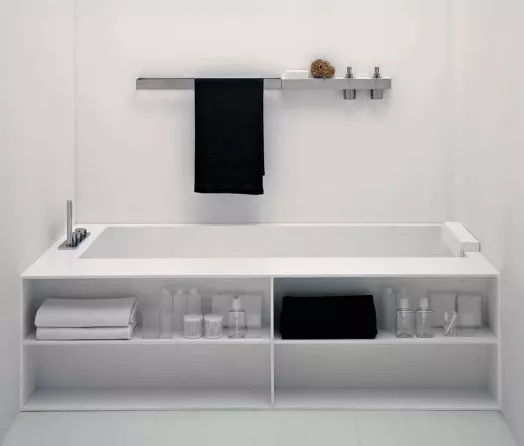 antoniolupi BIBLIO Badewanne mit Frontablagefächern und seitlichem Armaturenrand, 180x90x53,5cm, Version links, 2 Seiten verkleidet, weiß matt, Ablaufgarnitur weiß matt-BIBLIO622L_SX