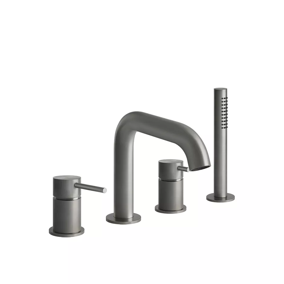 Gessi 316 4-Loch-Wannenarmatur zur Wannenrandmontage mit Auslauf, Ausladung: 165mm, Schlauch 1,50m, Umsteller, 2-Wege Umlenkkartusche und herausziehbarer Antikalk-Handbrause für separaten Wanneneinlauf, edelstahl matt gebürstet - 54037239
