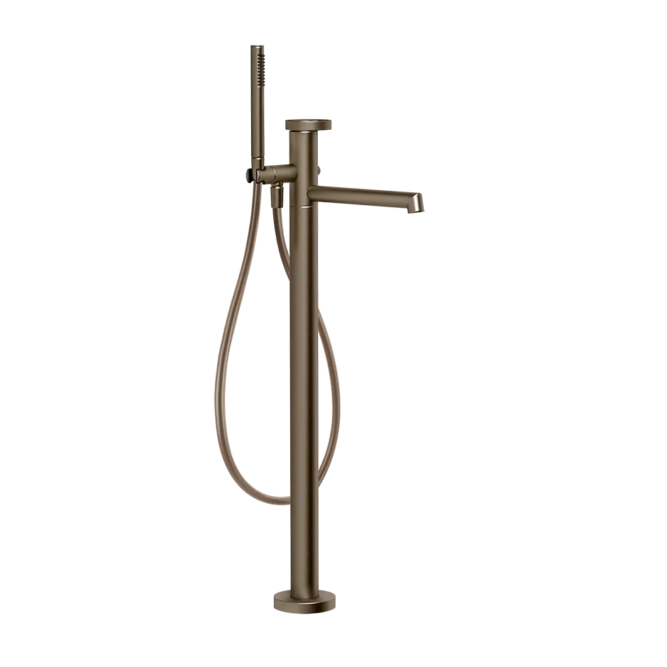 Gessi ANELLO Außenteil für freistehenden Wannenmischer mit Auslauf, Ausladung: 260mm, mit automatischem 2-Wege-Umsteller zum Ziehen, Schlauch 1,50m, Brausehalter und Antikalk-Handbrause, coffee bronze gebürstet PVD - 63328761