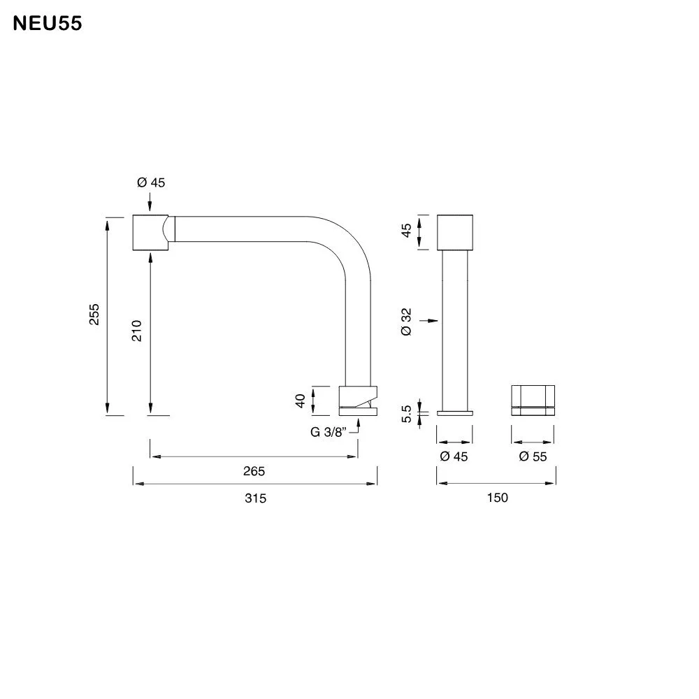 ceadesign NEUTRA Zweiloch-Mischer mit schwenkbarem und abnehmbarem Auslauf zur Unterfenster-Montage, herausziehbare Handbrause, Ausladung: 265mm, edelstahl satiniert-NEU55S