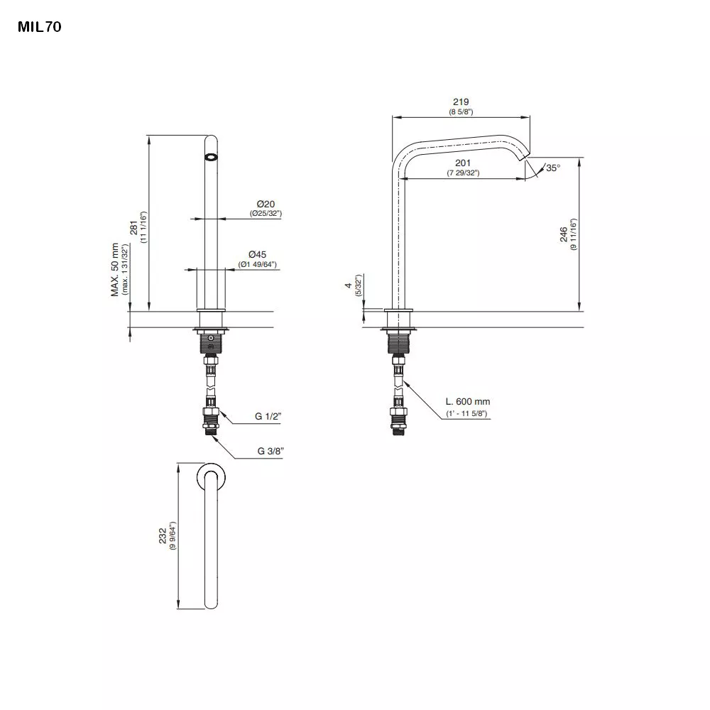 cea MIL 70 schwenkbarer Standauslauf, H:280mm, edelstahl satiniert-MIL70S
