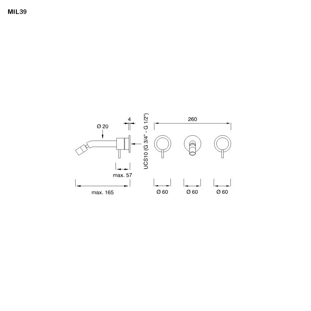 cea MIL 39 Wand-Waschtisch-Zweigriffmischer mit beweglichem Perlator, Ausladung:165mm, edelstahl satiniert-MIL39S