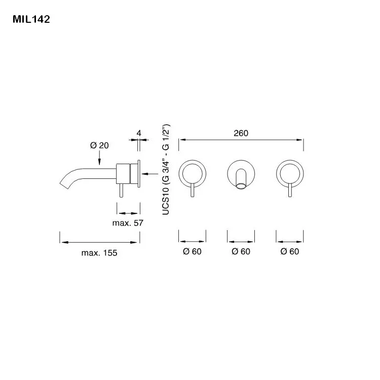 cea MIL 142 Wand-Zweigriffmischer, Ausladung:155mm, edelstahl satiniert-MIL142S