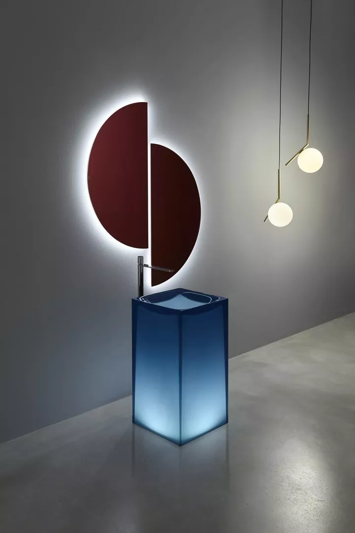 antoniolupi AURA freistehendes Waschbecken, 45x45x85cm, mit LED-Beleuchtung, notturno, Ablaufgarnitur chrom-AURAWLU_NOTTURNO