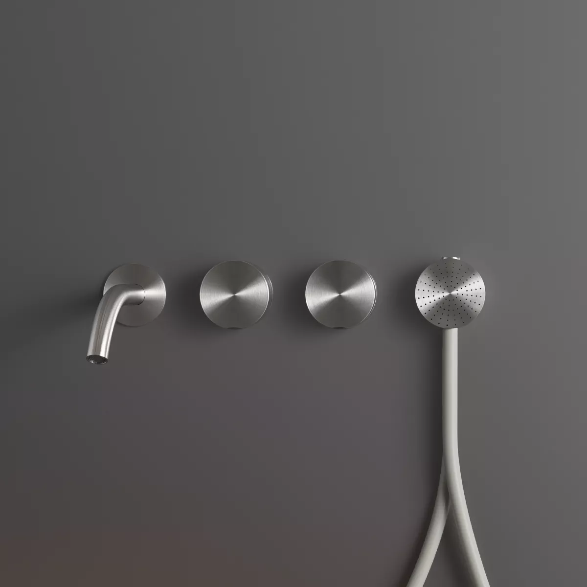 cea GIOTTO PLUS Wand-Wannen-Doppel-Eingriffmischer, Ausladung:170mm mit Rundkopf-Handbrause D:65mm, edelstahl satiniert, Schlauchfarbe weiß-GIO84WS