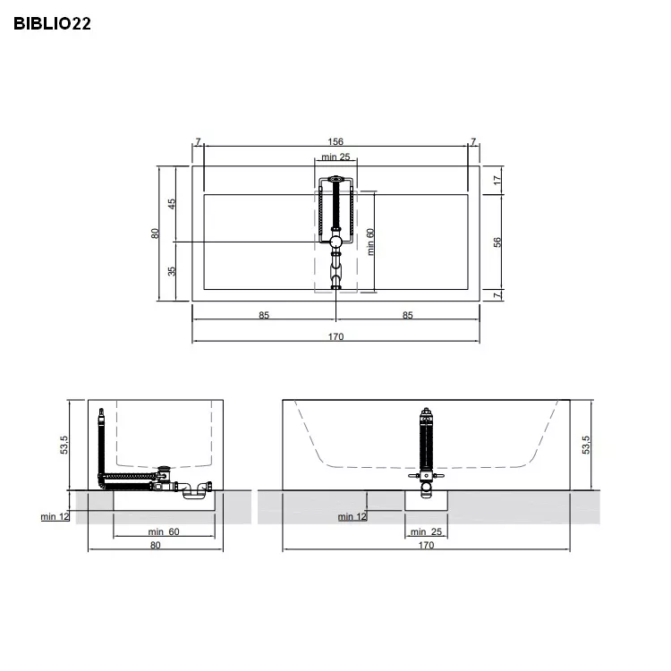 antoniolupi BIBLIO Badewanne mit Armaturenrand hinten, 170x80x53,5cm, 4 Seiten verkleidet, weiß matt, Ablaufgarnitur weiß matt-BIBLIO224L