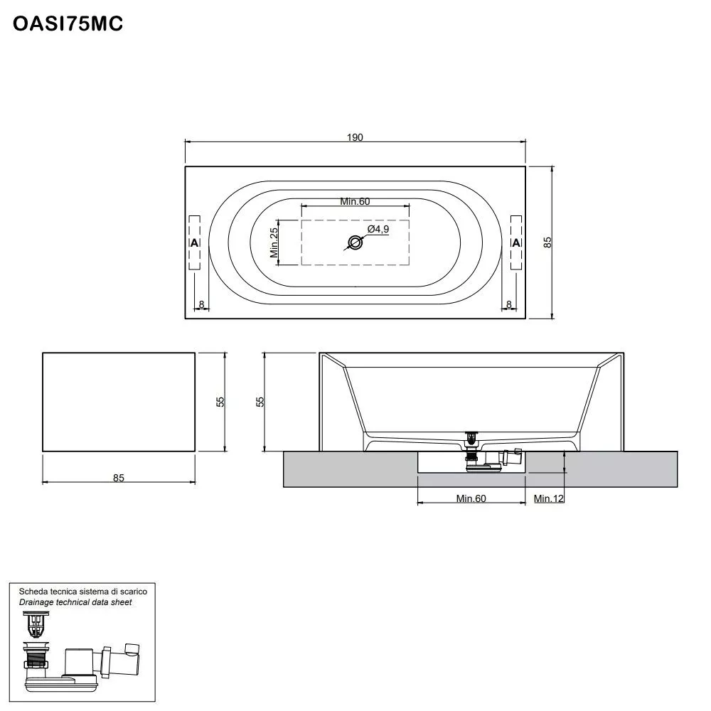 antoniolupi OASI rechteckige freistehende Badewanne aus Cristalplant®, Breite: 190cm, Tiefe: 98cm, weiß matt-OASI75MC
