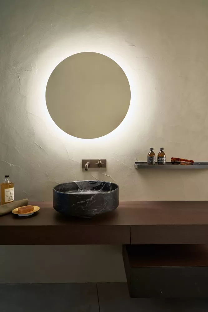 Agape BJHON 1 rundes Aufsatzbecken aus Naturstein, Durchmesser: 47cm, Höhe: 19cm, inklusive Ablaufgarnitur, nero marquinia - ACER1087NM Agape BJHON 1 rundes Aufsatzbecken aus Naturstein, Durchmesser: 47cm, Höhe: 19cm, inklusive Ablaufgarnitur, nero marquinia - ACER1087NM