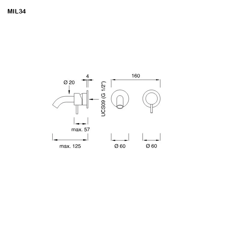 cea MIL 34 Wand-Waschtisch-Eingriffmischer, Ausladung:125mm, edelstahl satiniert-MIL34S