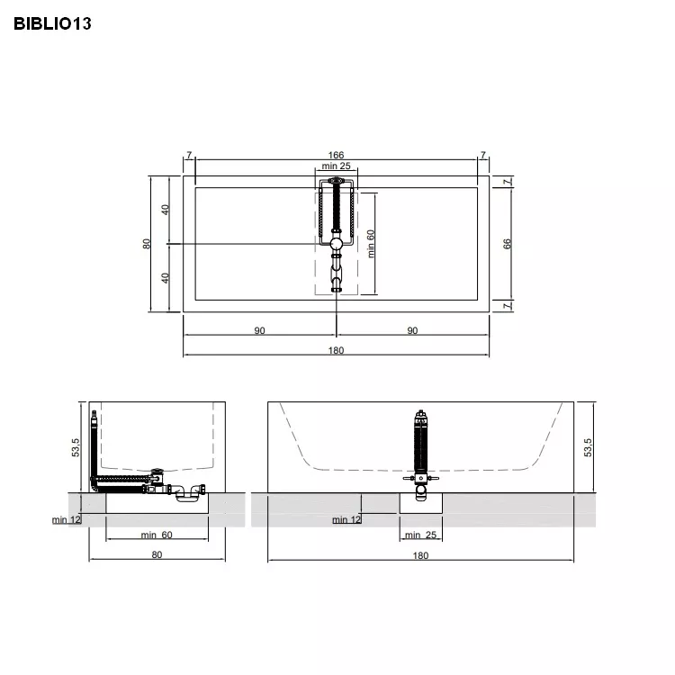 antoniolupi BIBLIO Badewanne, 180x80x53,5cm, 3 Seiten verkleidet, weiß matt, Ablaufgarnitur chrom-BIBLIO133LLU