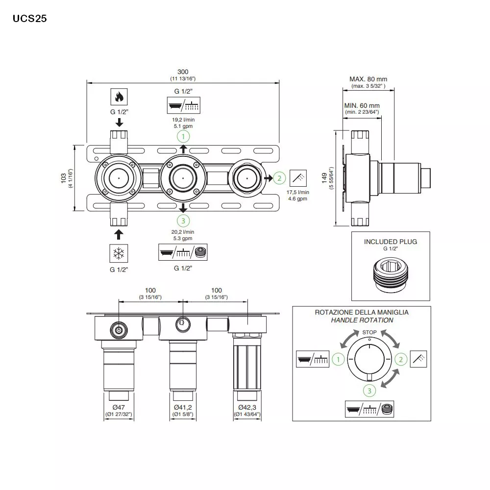 cea Unterputz-Einbauteil-Thermostat mit 2/3-Wege-Umstellung und Auslaufmuffe rechts-UCS25