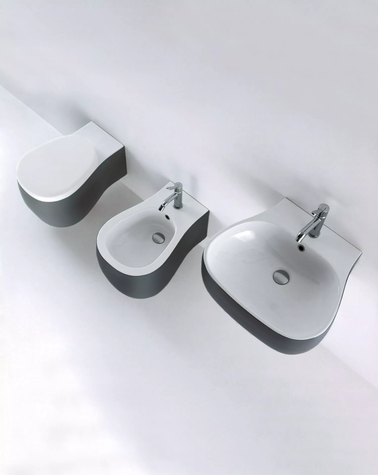 Agape PEAR Wandbecken aus Keramik, Breite: 55cm, Tiefe: 49cm, Höhe: 18cm, mit 3 Hahnlöchern, Farbe innen weiß glänzend, Farbe außen dunkelgrau - ACER08953RZG