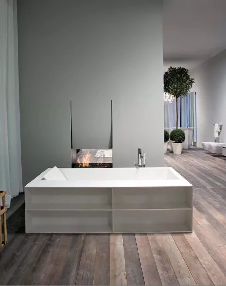 antoniolupi BIBLIO Badewanne mit Frontablagefächern, 170x90x53,5cm, 2 Seiten verkleidet, weiß matt, Ablaufgarnitur chrom-BIBLIO522LLU