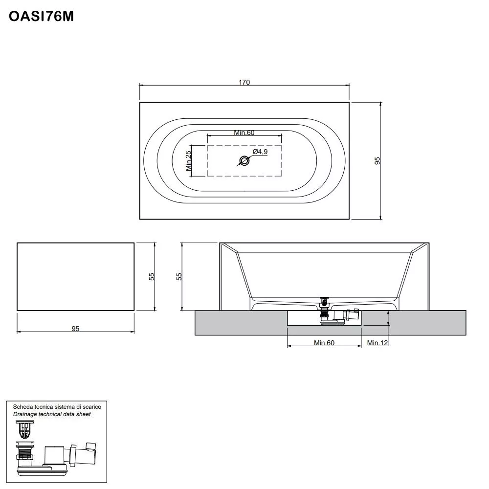 antoniolupi OASI rechteckige freistehende Badewanne aus Cristalplant®, Breite: 170cm, Tiefe: 95cm, weiß matt-OASI76M