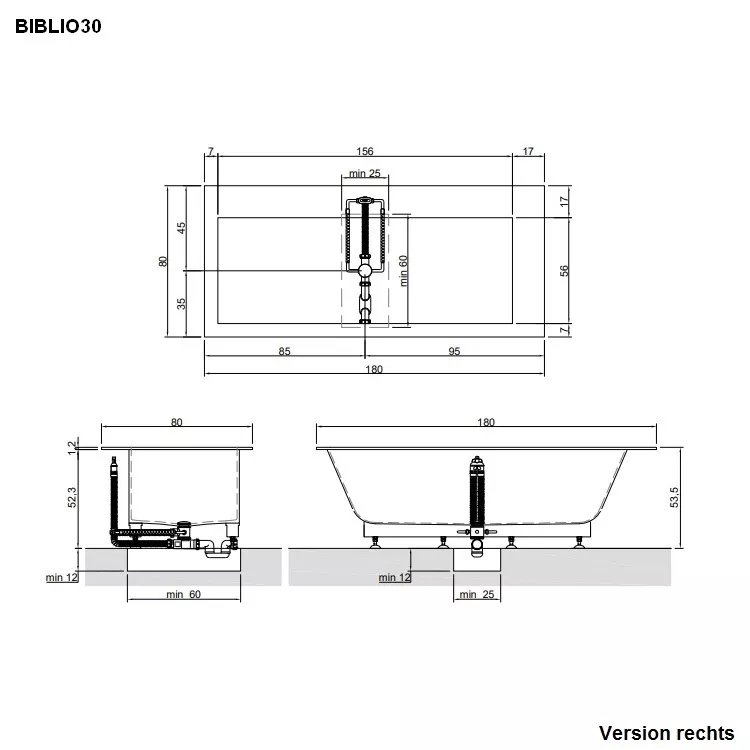 antoniolupi BIBLIO Einbauwanne mit 2 Armaturenrändern, 180x80x53,5cm, Version rechts, weiß matt, Ablaufgarnitur weiß matt-BIBLIO30_DX