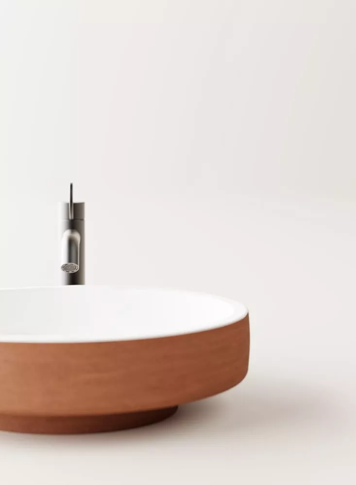 Agape CENOTE flaches Aufsatzbecken aus Ton, Durchmesser: 45cm, inklusive Ablaufgarnitur, dunkler Ton, weitere Farben auf Anfrage möglich - ACER0450TSST