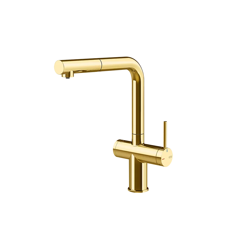 Gessi INEDITO FILTERED Einhebelmischer mit Schwenkarm und Auszugsbrause mit 1 Strahlfunktion, mit Filterwasserfunktion, zur Kombination mit dem Filtrationskit 01595, gold PVD - 60572246