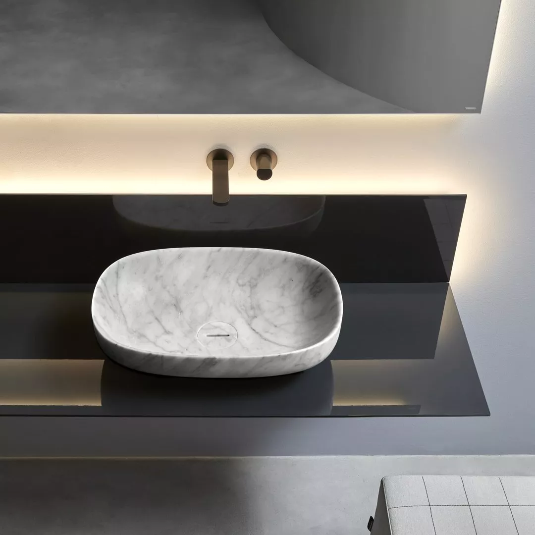 antoniolupi AGO ovales Aufsatzbecken aus Marmor, 60x40cm, bianco carrara, Ablaufgarnitur bianco carrara-AGO160_CARRARA