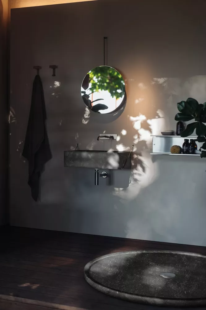 Agape CARRARA Wandbecken aus Naturstein mit polierter Halterung, Breite: 60cm, Tiefe: 40cm, Höhe: 16cm, inklusive Ablaufgarnitur, petit granit - ACER0721SPG