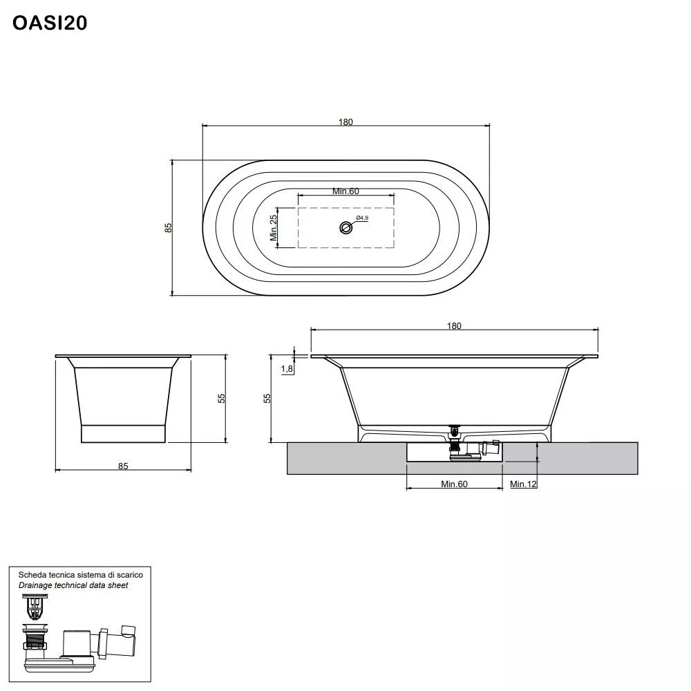 antoniolupi OASI freistehende oder Einbau-Badewanne aus Cristalplant®, Breite: 180cm, Tiefe: 85cm, Höhe: 55cm, weiß matt-OASI20