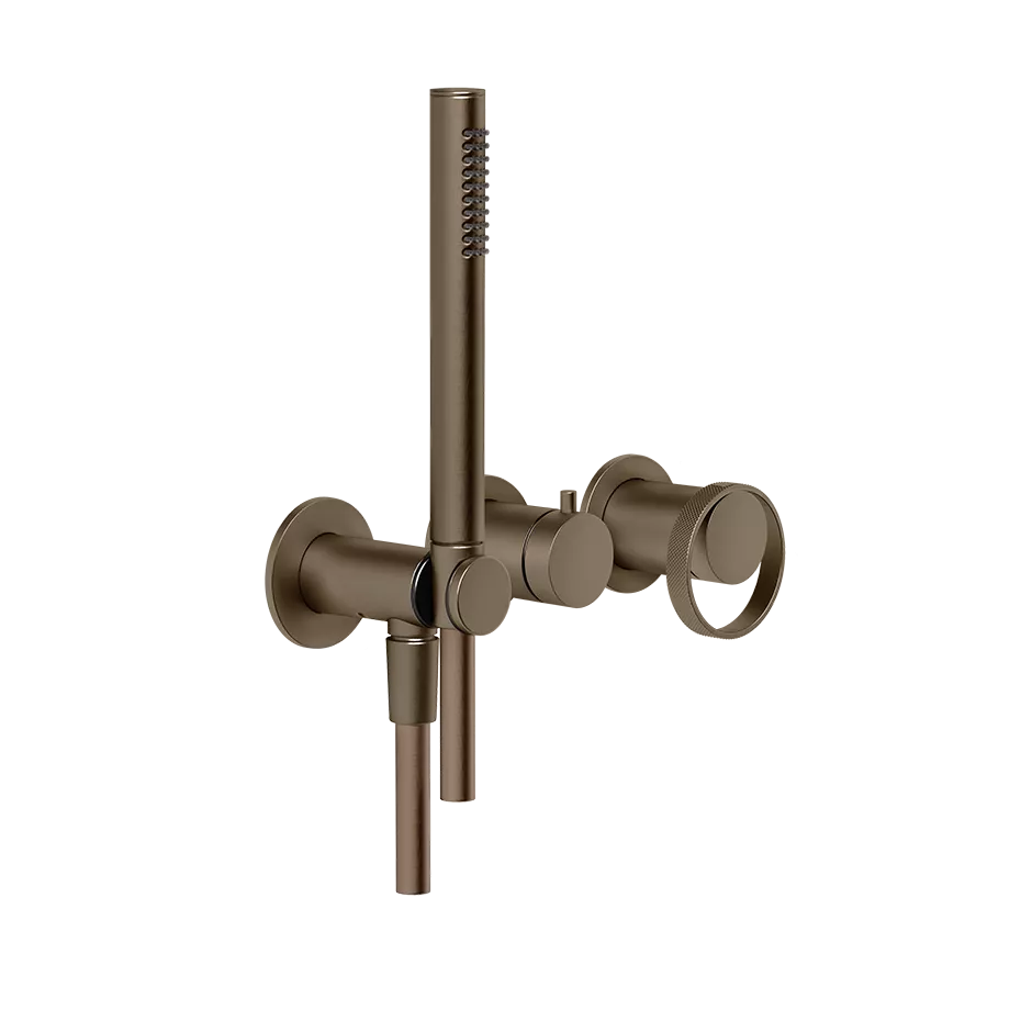 Gessi ANELLO Außenteil für Unterputz-Einhebelmischer für die Dusche/Wanne zur Wandmontage, mit 2-Wege Umlenkkartusche, Rosetten, Wandanschlussbogen, Halterung, Brauseschlauch 1,50m und Antikalk-Handbrause, coffee bronze gebürstet PVD - 63345761