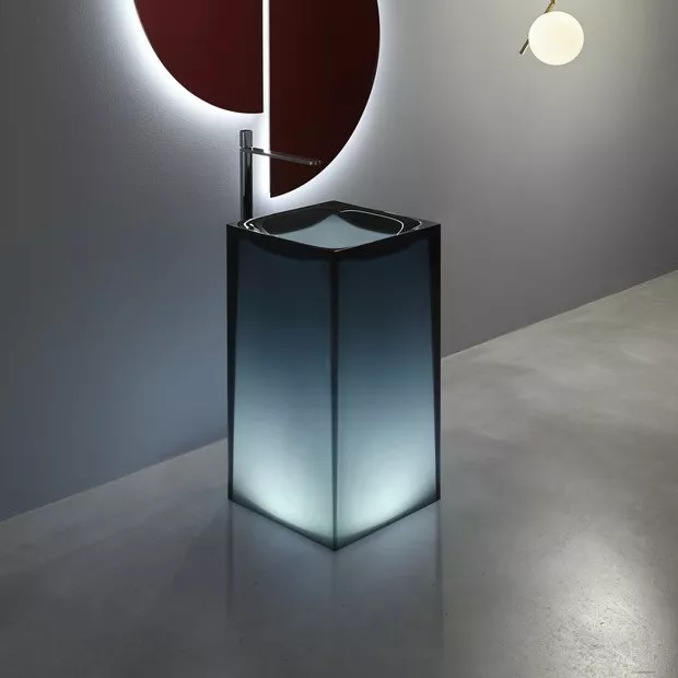 antoniolupi AURA freistehendes Waschbecken, 45x45x85cm, mit LED-Beleuchtung, petrolio, Ablaufgarnitur chrom-AURAWLU_PETROLIO