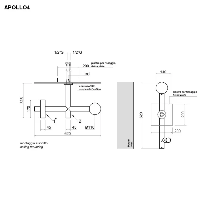 antoniolupi APOLLO Doppel-Decken-Kopfbrause mit LED-Beleuchtung, schwarz matt-APOLLO4