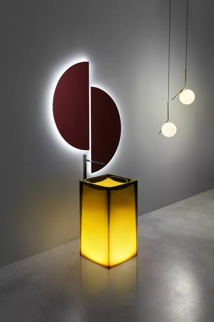 antoniolupi AURA freistehendes Waschbecken, 45x45x85cm, mit LED-Beleuchtung, gran_cru, Ablaufgarnitur chrom-AURAWLU_GRAN_CRU