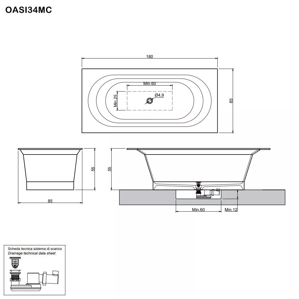antoniolupi OASI rechteckige Einbau- oder freistehende Badewanne aus Cristalplant®, Breite: 180cm, Tiefe: 85cm, weiß matt-OASI34MC