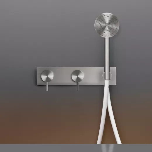 cea MIL 85H Wand-Brause-Doppel-Eingriffmischer mit Rundkopf-Handbrause D:80mm, edelstahl satiniert, Schlauch weiß-MIL85HWS