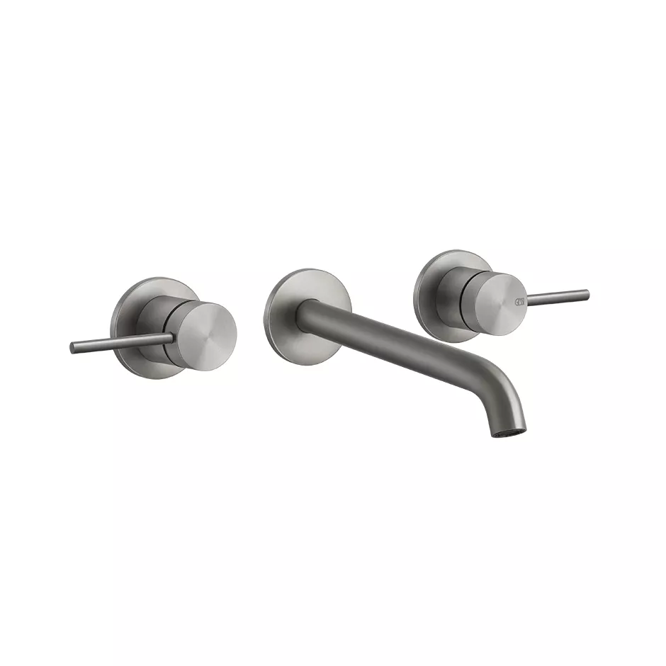Gessi 316 FLESSA Fertigmontageset für 3-Loch Waschtischarmatur mit Auslauf zur Wandmontage, Ausladung: 181-201mm, Griff-Stifte für Betätigung in 32mm und 61mm enthalten, edelstahl matt gebürstet - 54094239