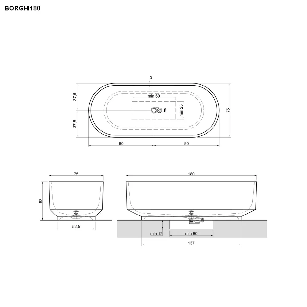 antoniolupi BORGHI freistehende Badewanne aus Cristalmood®, 180x75x53cm, notturno, Ablaufgarnitur chrom-BORGHI180LU_NOTTURNO