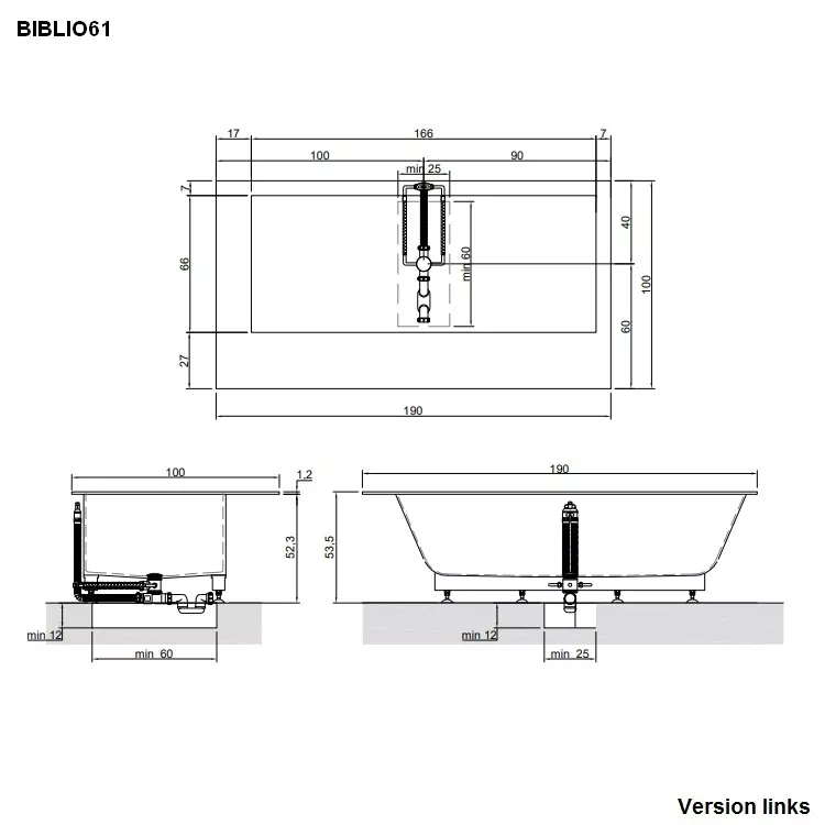 antoniolupi BIBLIO Einbauwanne mit 2 Armaturenrändern, 190x100x53,5cm, Version rechts, Ablaufgarnitur weiß matt-BIBLIO61_DX