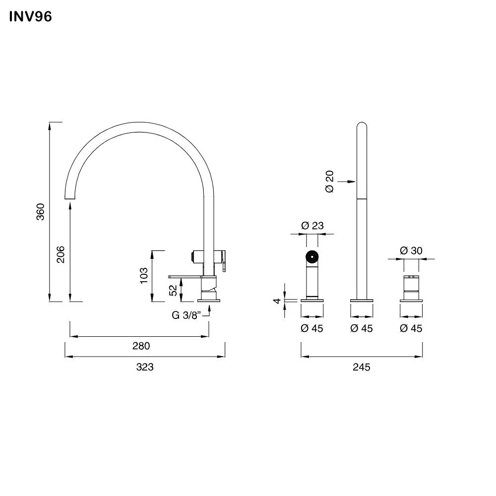 ceadesign INNOVO Dreilocharmatur mit schwenkbarem Auslauf und herausziehbarer Handbrause, Ausladung: 280mm, automatischer Umsteller, edelstahl satiniert-INV96S