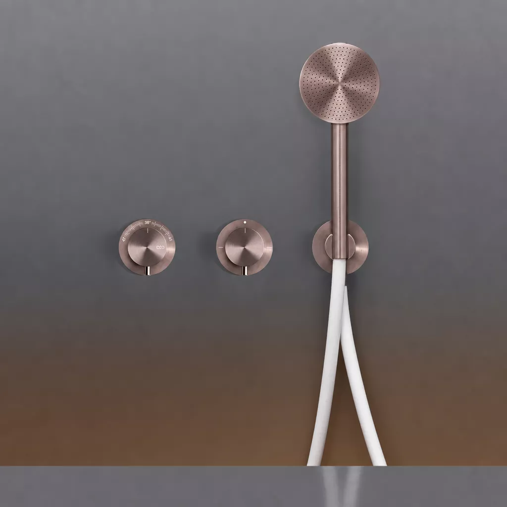cea MIL 115H Wand-Brause-Thermostat mit 2-Wege-Umstellung und Rundkopf-Handbrause, Durchmesser: 80mm, Schlauchfarbe weiß nach RAL 9016, bronze satiniert - MIL115HWZS cea MIL 115H Wand-Brause-Thermostat mit 2-Wege-Umstellung und Rundkopf-Handbrause, Durchmesser: 80mm, Schlauchfarbe weiß nach RAL 9016, bronze satiniert - MIL115HWZS